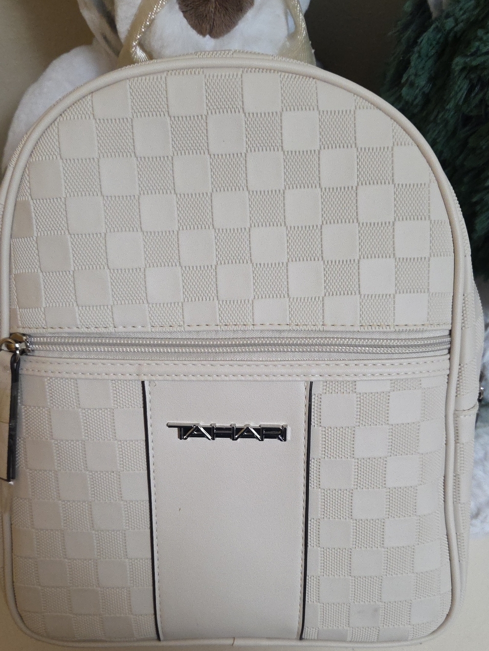 NWOT Tahari Cream Check  Backpack with Front Zip Pocket